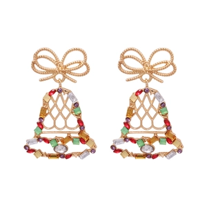 Christmas bow bell stud earrings with colorful rhinestones on a minimalist white background
