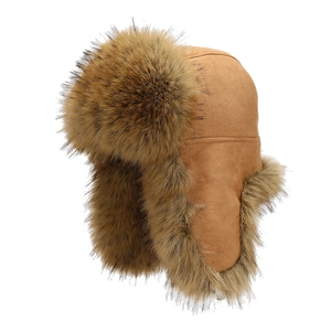 Winter faux fur aviator hat with ear flaps and brown suede finish for outdoor warmth