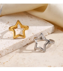 Detail of gold and silver hollow star stainless steel rings on a stone surface