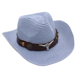 Detail of light blue straw cowboy hat featuring brown leather band and metal bull head