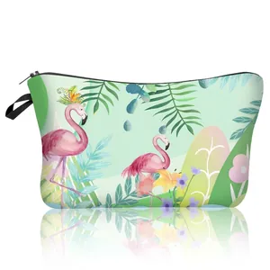 Polyester flamingo print makeup bag with tropical leaf pattern and top handle