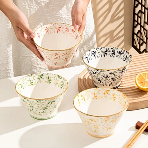 Japanese Style Ceramic Rice Bowl Floral Pattern Four Seasons Blossom Underglaze Color Gold Rim Heat Resistant Microwave Safe