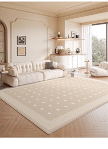 Detail of beige checkered chenille rug texture with woven squares and premium edge stitching