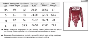Size chart for lace long sleeve bodysuit showing measurements in centimeters and inches