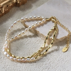 Double-layered 925 silver gold plated bracelet with freshwater pearls and beads