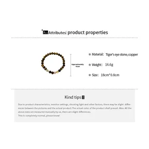 Vue détaillée du bracelet en pierre œil de tigre avec les dimensions du produit