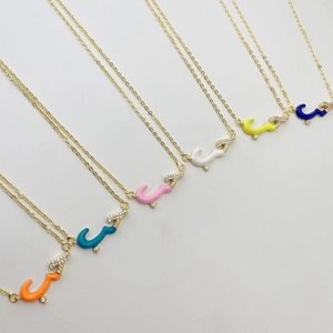 Arabic love script necklaces in six vibrant enamel colors with crystal gold chains