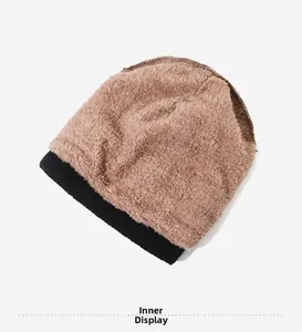 Detail of warm knit hat showing the thick faux fur lining for cold weather insulation