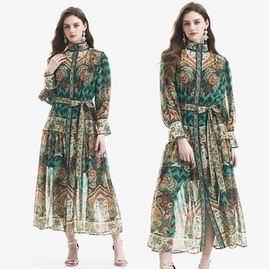 Böhmisches Maxi Kleid Mit Paisley Muster Für Damen Vintage Lange Laternenärmel Stehkragen Hohe Taille Chiffon Elegantes Langes Kleid