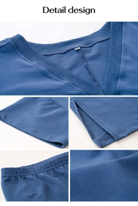 Détails du col en V, des manches courtes et de la taille élastique de l'ensemble bleu en maille