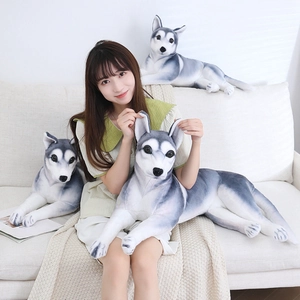 Detailed close-up of realistic husky plush toy with soft fur and vivid digital printing