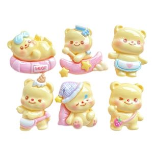 Set of 6 yellow resin bear charms with moon and swim ring for DIY crafts