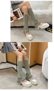 Detailed vertical knit texture of Morandi green leg warmers styled with Mary Jane shoes