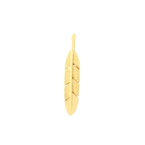 Detailed view of a gold-plated feather pendant with intricate textures for jewelry making