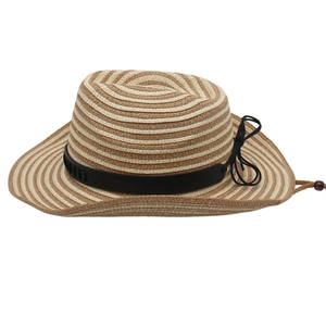Detail of striped straw hat showing black ribbon bow and adjustable wooden bead chin strap