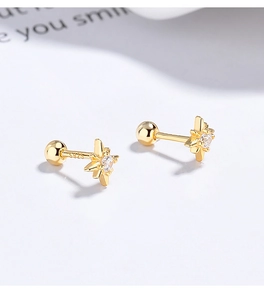 Detail of gold S925 silver starburst earrings with zircon inlay and screw ball backs