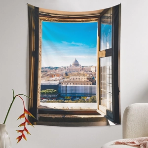 Detailed view of tapestry depicting St. Peter's Basilica on a minimalist white wall