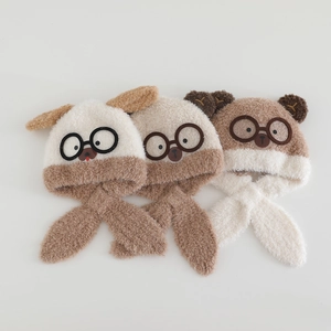 Detail of plush bear ear hooded scarf for kids featuring decorative round glasses