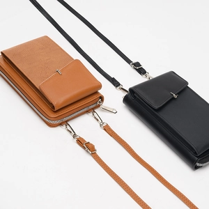 Crossbody cell phone purse in black and brown PU leather with adjustable shoulder straps