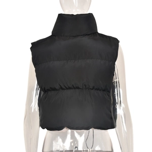 Back view of black short padded vest featuring horizontal quilting and standing collar