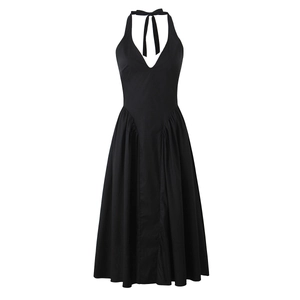 Elegant black halter deep V-neck dress with pleated waist and voluminous A-line skirt