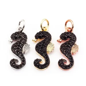 Pendentifs hippocampe en cuivre argenté, doré et or rose avec des zircons noirs