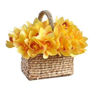 3D printed yellow Cymbidium orchids in a woven fiber basket for home decoration