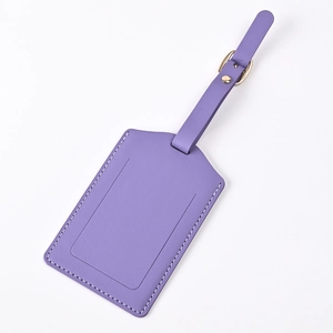 Purple PU leather luggage tag with metallic buckle strap and contact info card slot