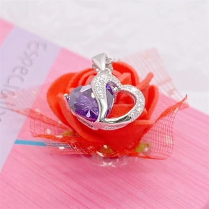 Elegant S925 sterling silver heart necklace with purple zircon inside a red rose box