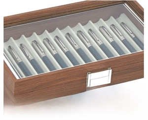 Close-up of walnut wood pen display box with clear glass lid and silver metal latch