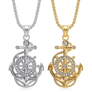Collier Pendentif Ancre et Gouvernail en Acier Inoxydable Hip Hop pour Hommes Femmes Or Argent Électroplaqué Strass Bijoux Nautiques Cadeau Fête