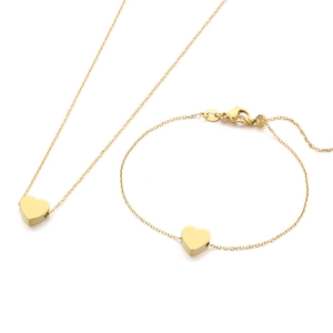 Parure élégante avec collier et bracelet cœur en acier inoxydable plaqué or 18k