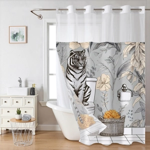 White waffle weave shower curtain featuring a tiger sitting on a toilet with flowers