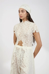 Detailed close-up of intricate floral lace texture on white vintage long cardigan
