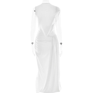 Detail view of the elegant draped pleats and soft texture on the back of the white dress