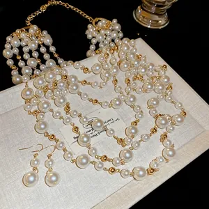 French vintage multi-layer pearl necklace and earring set with golden beads