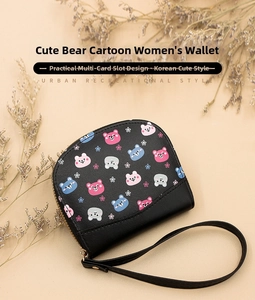 Close-up of small black leather purse with cute bear prints and functional card slots