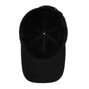 Internal view of a black baseball cap for men featuring six-panel stitched construction