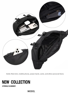 Detail view of black waterproof nylon crossbody bag with multi-layer storage compartments