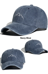 Detailed views of navy blue washed cotton baseball cap with white mountain embroidery