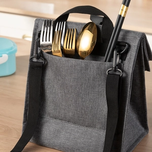 Gray insulated lunch bag with oxford fabric and detachable shoulder strap for office use