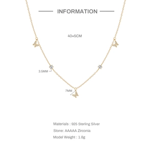 Detail view of S925 sterling silver butterfly necklace showing dimensions and AAAAA zirconias