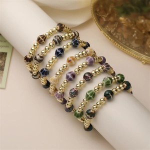 Fashion Elastic Beaded Bracelet Ceramic Rhombic Alloy Copper Beads Bohemian Retro Style Jewelry For Women Men Gift