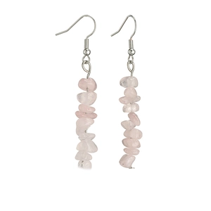 Detail view of handmade pink natural stone dangle earrings with irregular crystals