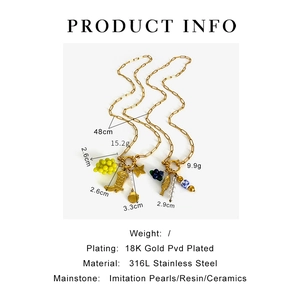 Detailed technical view of 18K gold plated titanium necklace with charm dimensions