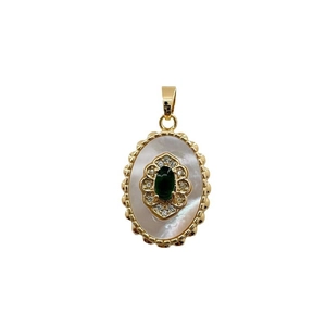 18K gold plated oval pendant with white shell and green emerald gemstone inlay