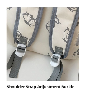 Detail of adjustable backpack shoulder straps with durable white plastic buckles