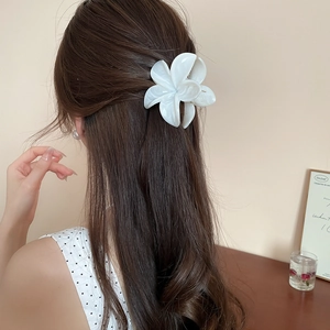 Vue détaillée d'une pince à cheveux fleurie en acrylique blanc sur une coiffure relevée
