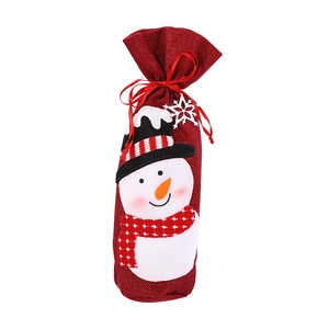 Christmas burlap wine bottle bag featuring a cute snowman design with drawstring