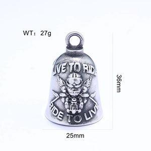 Detail view of vintage stainless steel bell pendant with dimensions and weight info